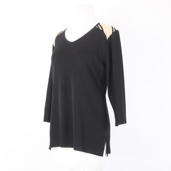 Misook Top Sz M Black White Tan V Neck 3/4 Sleeve 100% Acrylic Top