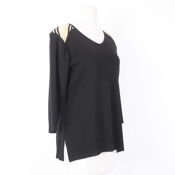 Misook Top Sz M Black White Tan V Neck 3/4 Sleeve 100% Acrylic Top