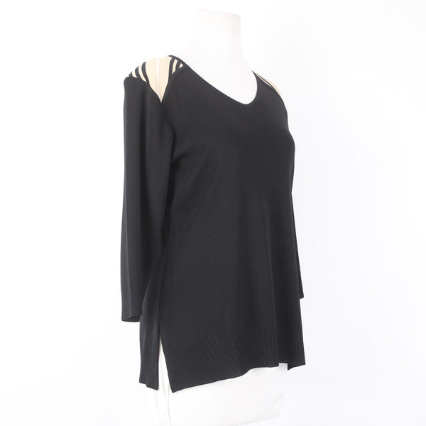 Misook Top Sz M Black White Tan V Neck 3/4 Sleeve 100% Acrylic Top