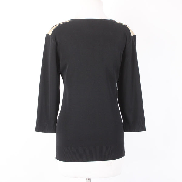 Misook Top Sz M Black White Tan V Neck 3/4 Sleeve 100% Acrylic Top