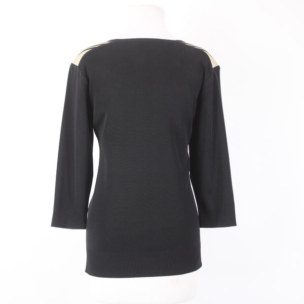 Misook Top Sz M Black White Tan V Neck 3/4 Sleeve 100% Acrylic Top