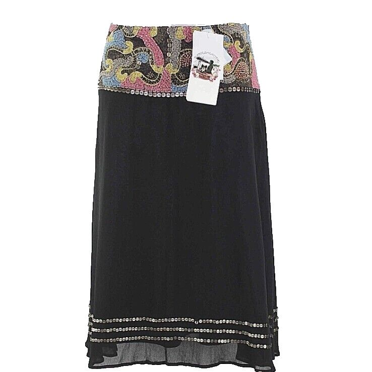 Basil & Maude NEW $160 Sz 6 Black Multi Beaded Tinkerbell Cotton Skirt
