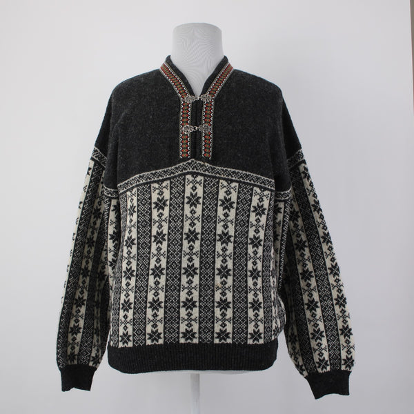 North Peak Nordic Sweater Sz 1X? Black Red Multi 100% Wool Celtic Sweater