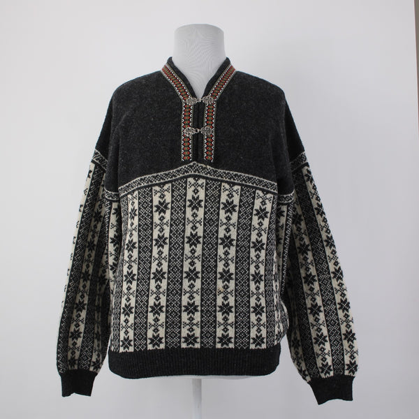 North Peak Nordic Sweater Sz 1X? Black Red Multi 100% Wool Celtic Sweater