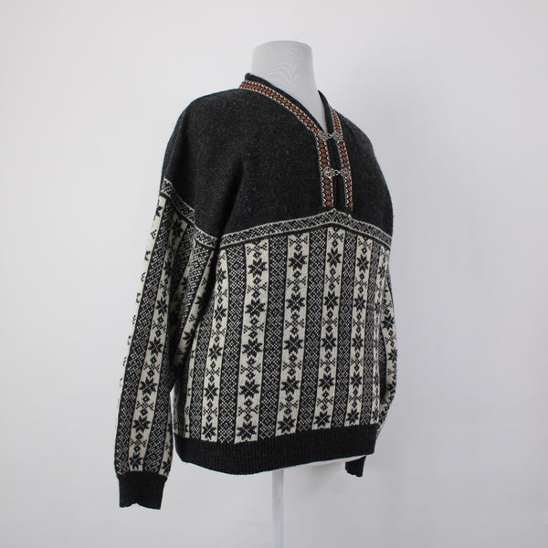 North Peak Nordic Sweater Sz 1X? Black Red Multi 100% Wool Celtic Sweater