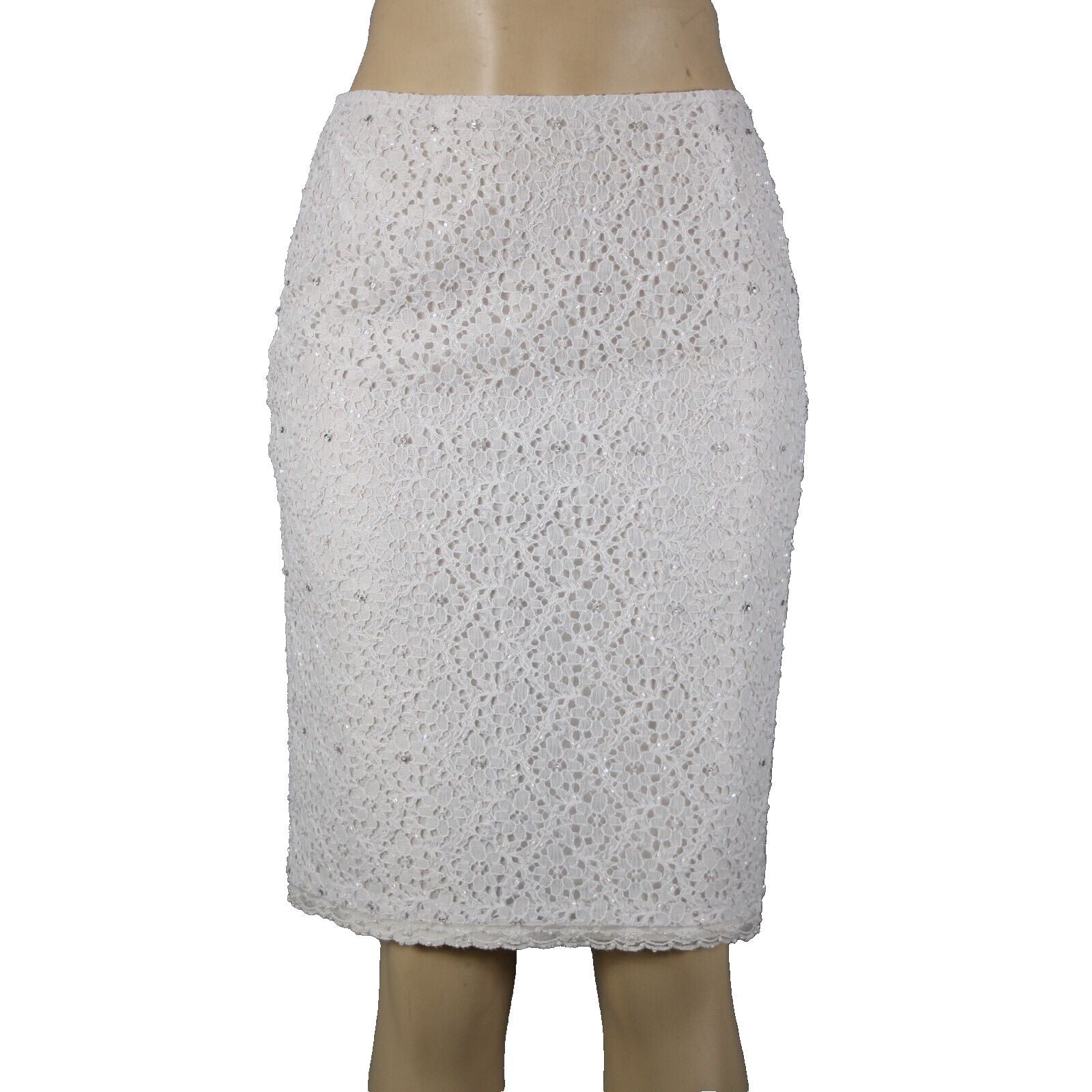 Veronique Young Sz 2 White Lace Beaded Lined 100% Polyester Acetate Skirt