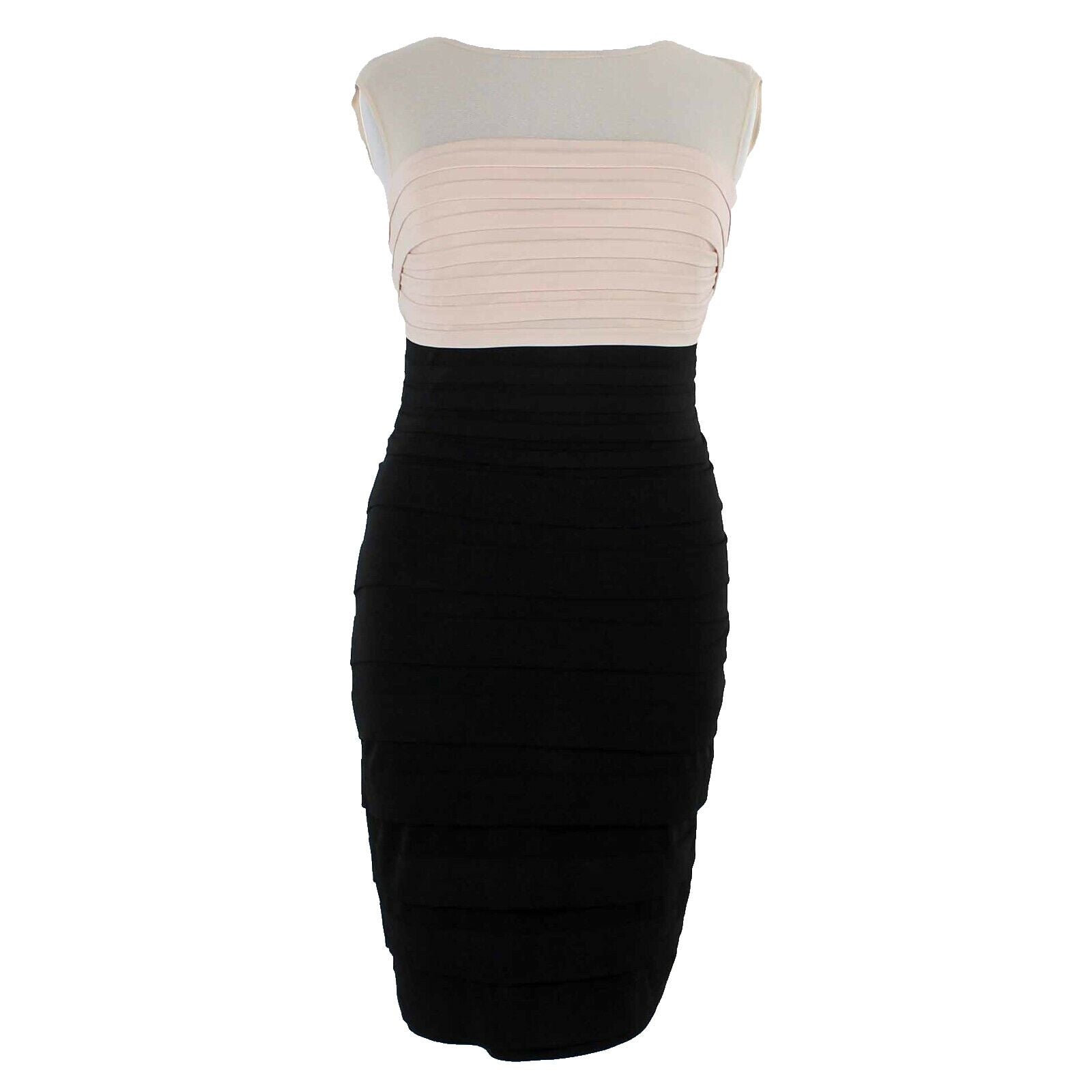 Sangria Sz 14 Sheer Pink Black Tiered Ruffles Bodycon Poly Blend Dress