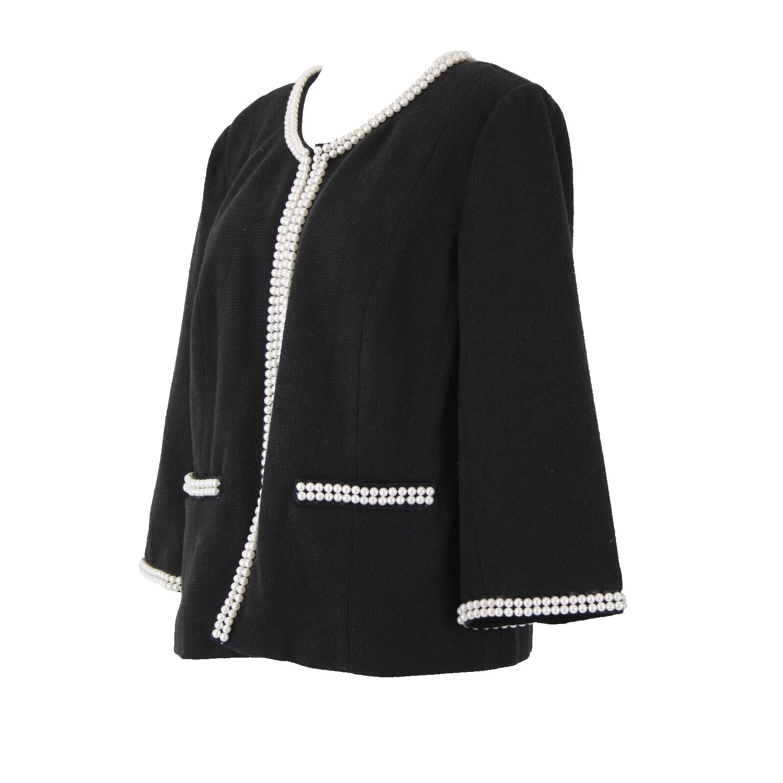 Joan Rivers Sz M Black Faux Pearls Lined Polyester Cotton Cardigan Sweater