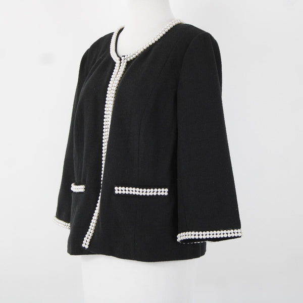 Joan Rivers Sz M Black Faux Pearls Lined Polyester Cotton Cardigan Sweater