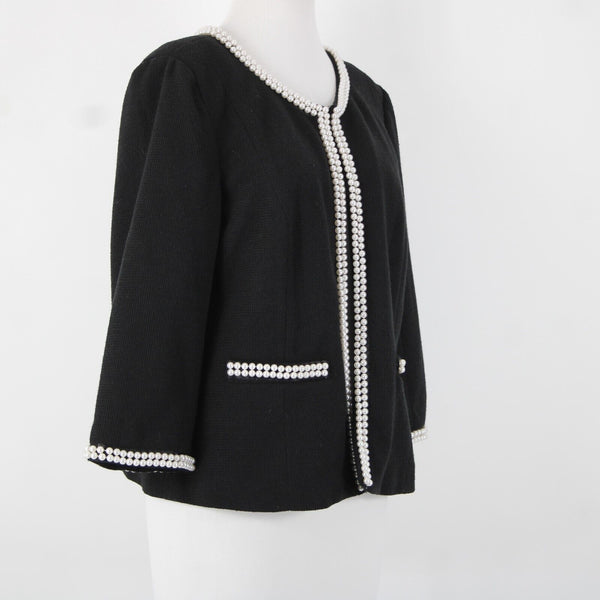Joan Rivers Sz M Black Faux Pearls Lined Polyester Cotton Cardigan Sweater