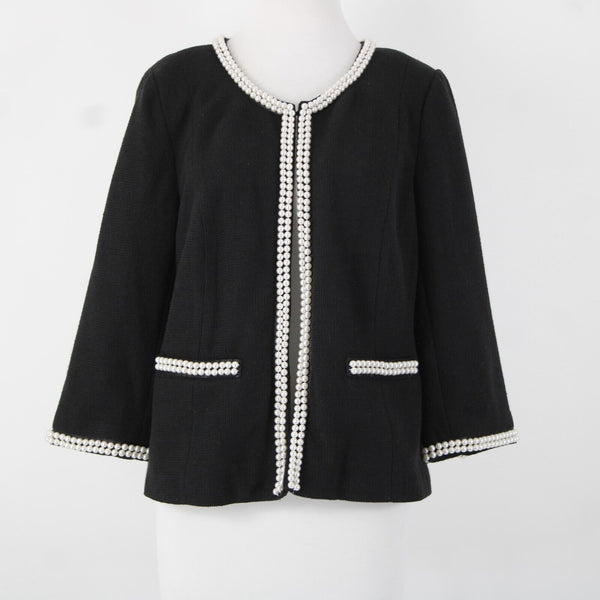 Joan Rivers Sz M Black Faux Pearls Lined Polyester Cotton Cardigan Sweater