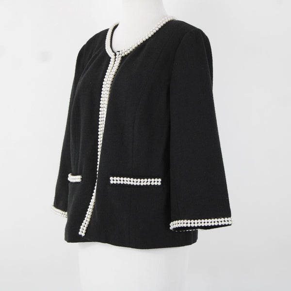 Joan Rivers Sz M Black Faux Pearls Lined Polyester Cotton Cardigan Sweater