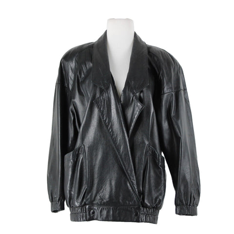 Vakko Sz S Vintage Oversize 80's Black Collared Pocketed Lined Leather Jacket