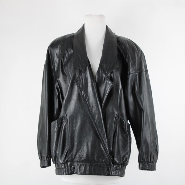 Vakko Sz S Vintage Oversize 80's Black Collared Pocketed Lined Leather Jacket