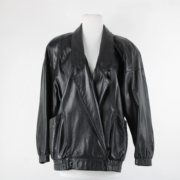 Vakko Sz S Vintage Oversize 80's Black Collared Pocketed Lined Leather Jacket