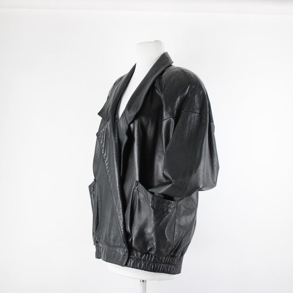 Vakko Sz S Vintage Oversize 80's Black Collared Pocketed Lined Leather Jacket