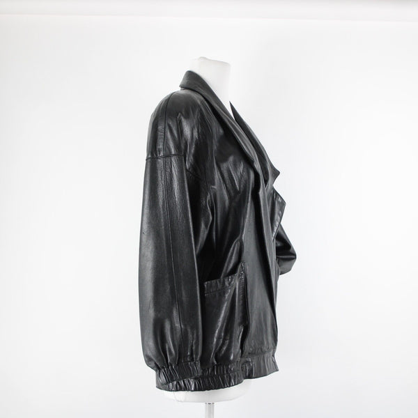 Vakko Sz S Vintage Oversize 80's Black Collared Pocketed Lined Leather Jacket