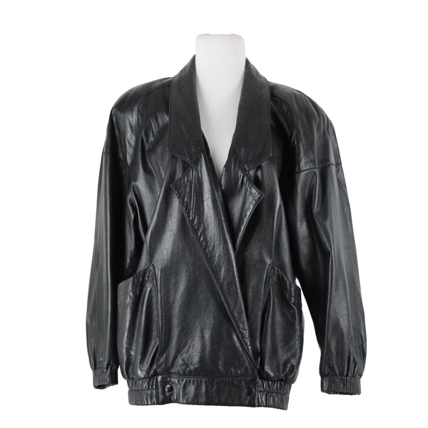 Vakko Sz S Vintage Oversize 80's Black Collared Pocketed Lined Leather Jacket