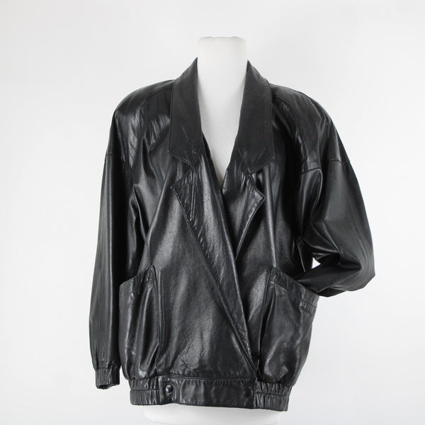 Vakko Sz S Vintage Oversize 80's Black Collared Pocketed Lined Leather Jacket