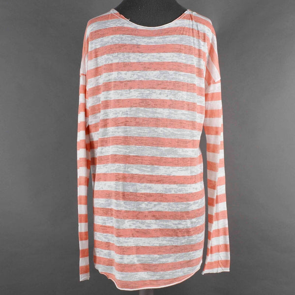 Mouchette Sz M Peach White Stripe Hi Lo Scoop Raw Edge Cotton Blend Knit Top