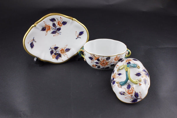 Limoges ? $256 3 pc White Gold Cobalt Nutmeg Covered Serving Dish w Tray