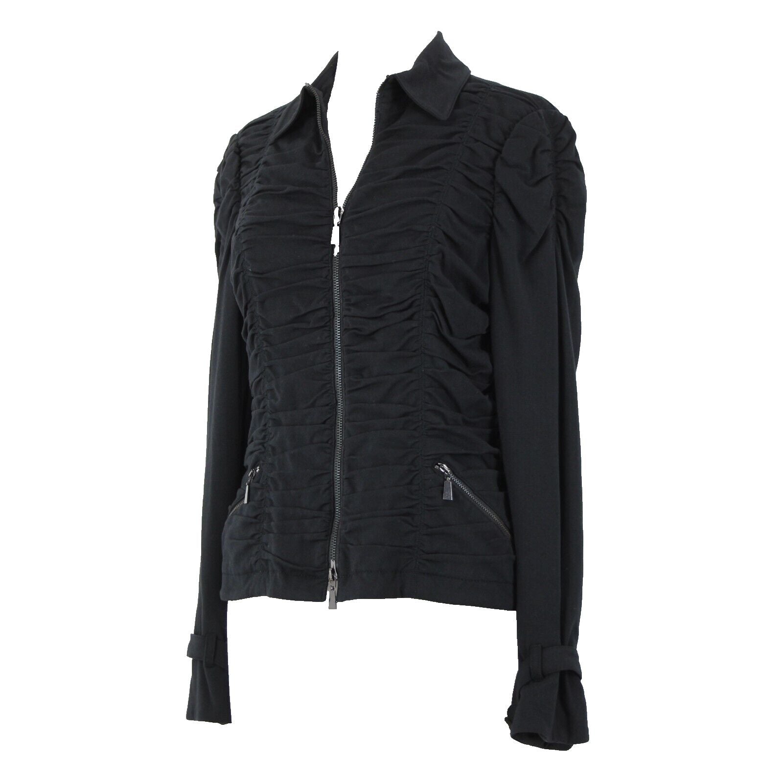 Worth Sz 8 Black Pockets Collared Zipper Detail Ruched Cotton Spandex Jacket