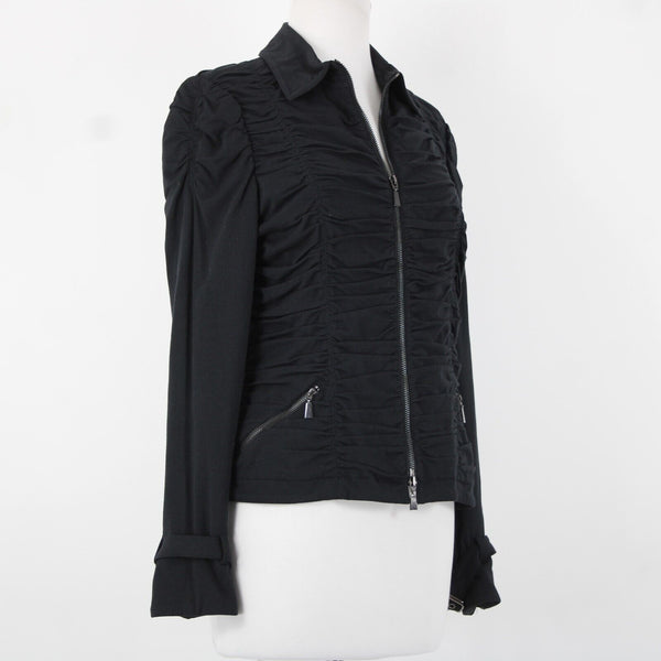 Worth Sz 8 Black Pockets Collared Zipper Detail Ruched Cotton Spandex Jacket