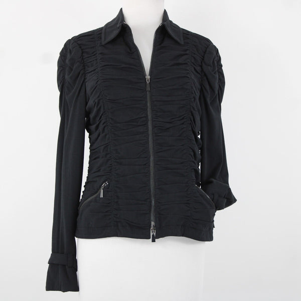 Worth Sz 8 Black Pockets Collared Zipper Detail Ruched Cotton Spandex Jacket