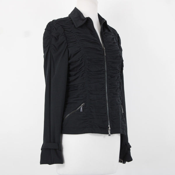Worth Sz 8 Black Pockets Collared Zipper Detail Ruched Cotton Spandex Jacket