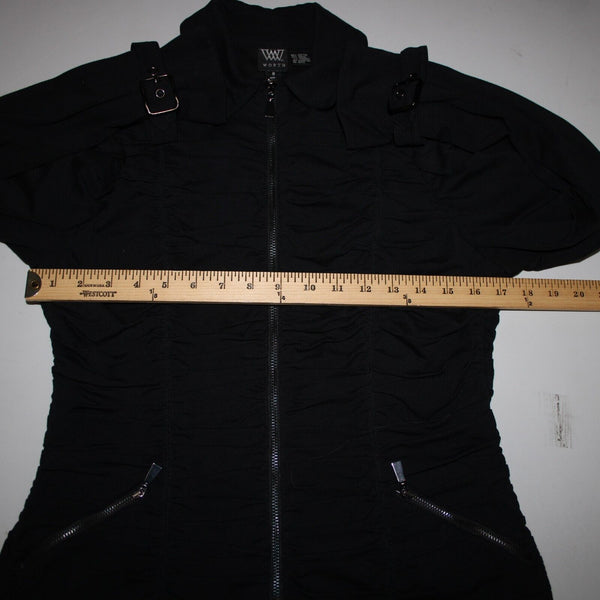 Worth Sz 8 Black Pockets Collared Zipper Detail Ruched Cotton Spandex Jacket