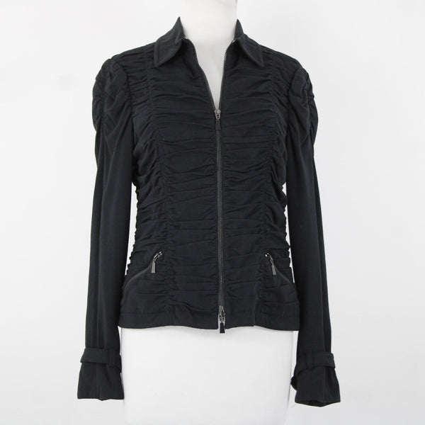Worth Sz 8 Black Pockets Collared Zipper Detail Ruched Cotton Spandex Jacket