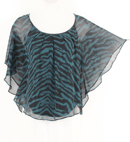 Express Sz XS Black Green Sheer Overlay Butterfly Sleeve Poly Cotton Bld Top