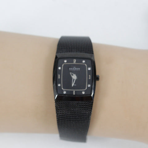 SKAGEN Denmark 8in Adjustable Black Metal Mesh Slim Diamond Accent Wrist Watch